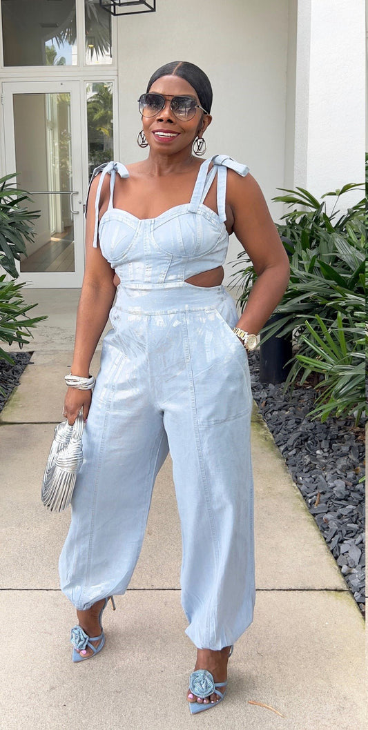 Cutesy Denim Jumpsuit With Touches Of Metallic Silver Throughout